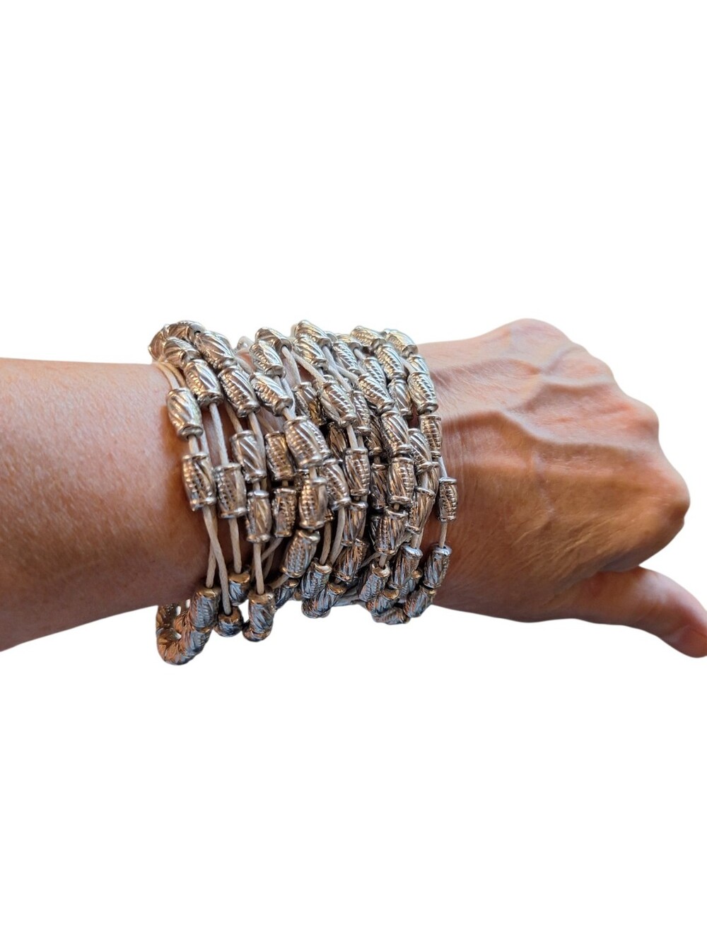 Silver Beaded Wrap Bracelet Multi-Strand Magnetic Easy Wear Bohemian Hippie